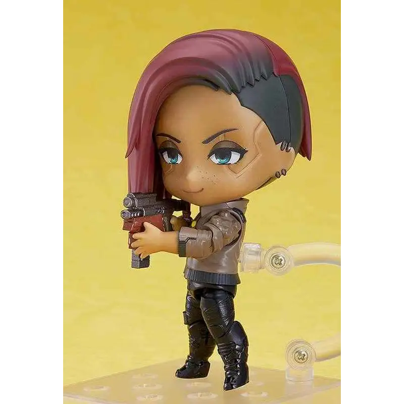 Chibi Nendoroid-figur av kvinnlig V från Cyberpunk 2077 med magenta-svart hår och pistol