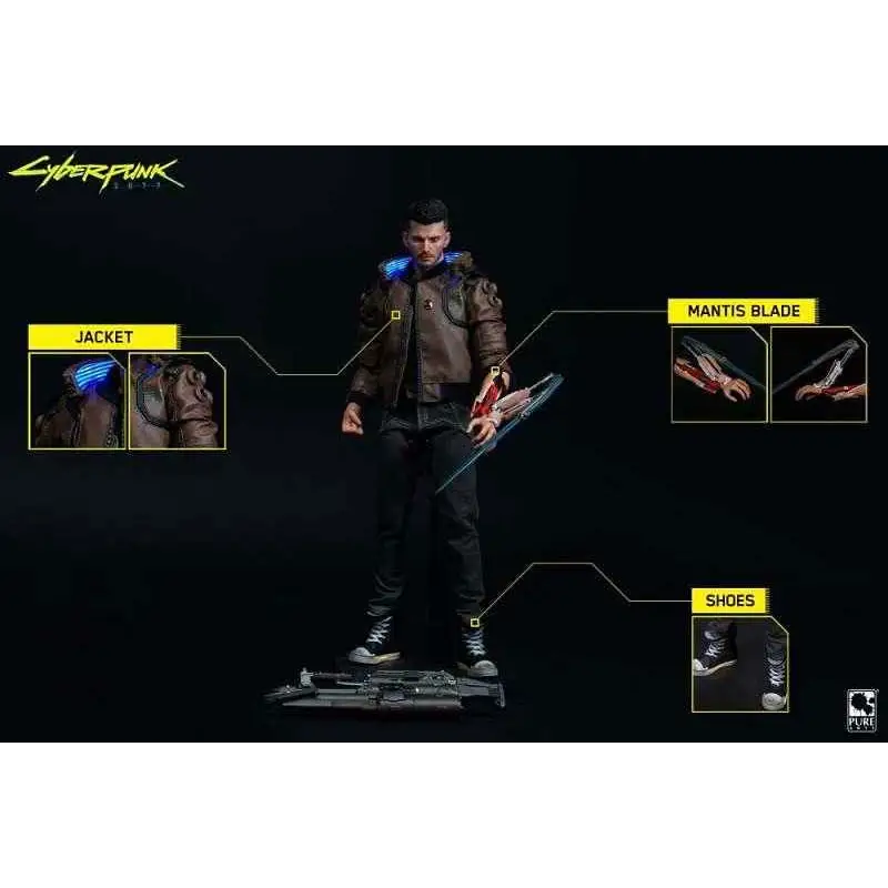 Brun läderjacka med blå lysande accenter och detaljerad sömnad för Cyberpunk 2077 V Male 1/6-figur