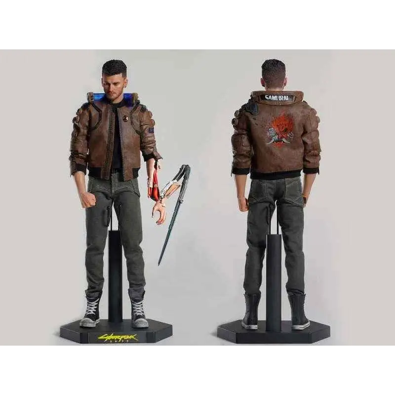 Brun läderjacka med broderad samurai-patch på ryggen för Cyberpunk 2077 V Male-figur