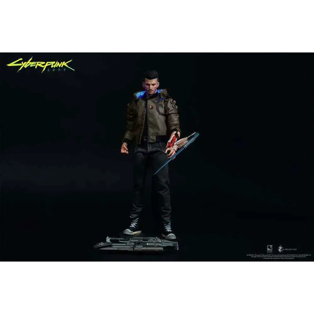 Cyberpunk 2077 V man i brun jacka och svarta byxor med futuristiskt vapen, 1/6 figur