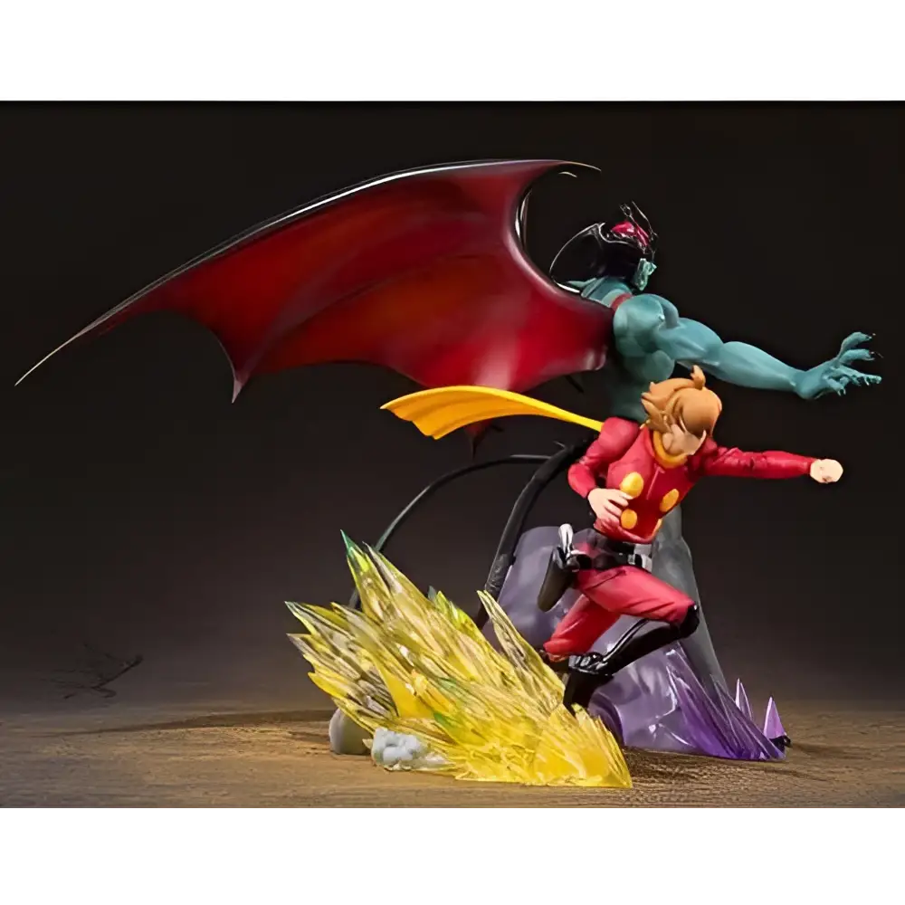 Röd och gul pansrad figur med vingar på lila bas i gul energi, Cyborg 009 vs Devilman Zero Figuarts