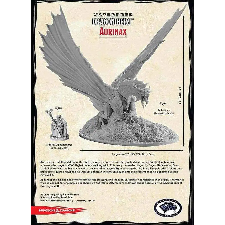 Detaljerad grå resin-drake Aurinax i dynamisk pose med utbredda vingar