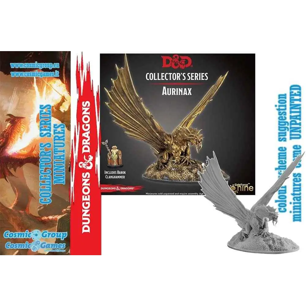 Guldmetallic drakefigur Aurinax från D&D samlarserien i resin