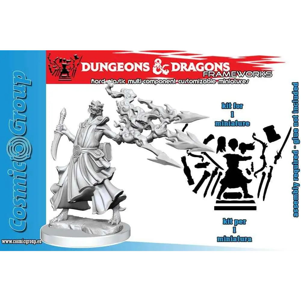 Ommålad grå plast D&D Frameworks miniatyrkit med kvinnlig drakfödd trollkarl i flödande kläder och utsmyckat vapen
