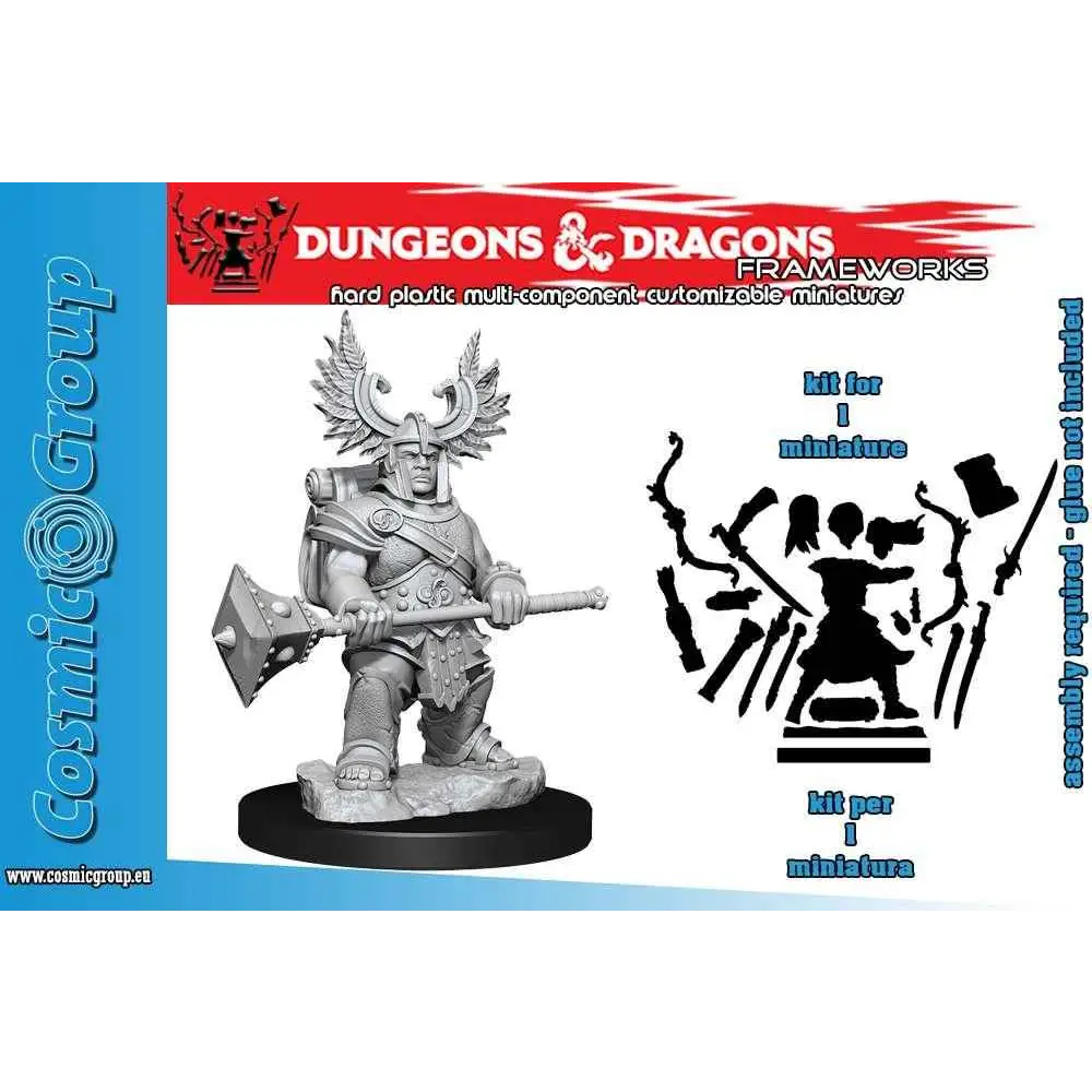 Grå plastminiatur av dvärgkrigare med vingad hjälm och yxa från D&D Frameworks Dwarf Barbarian Female