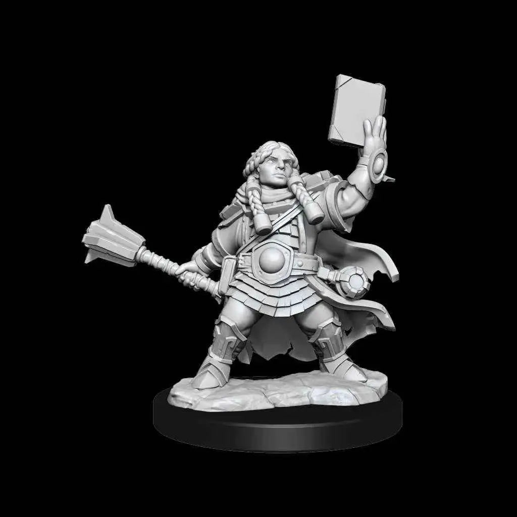 Grå plastminiatyr av rustad dvärgprästinna med mace och bok, D&D Frameworks