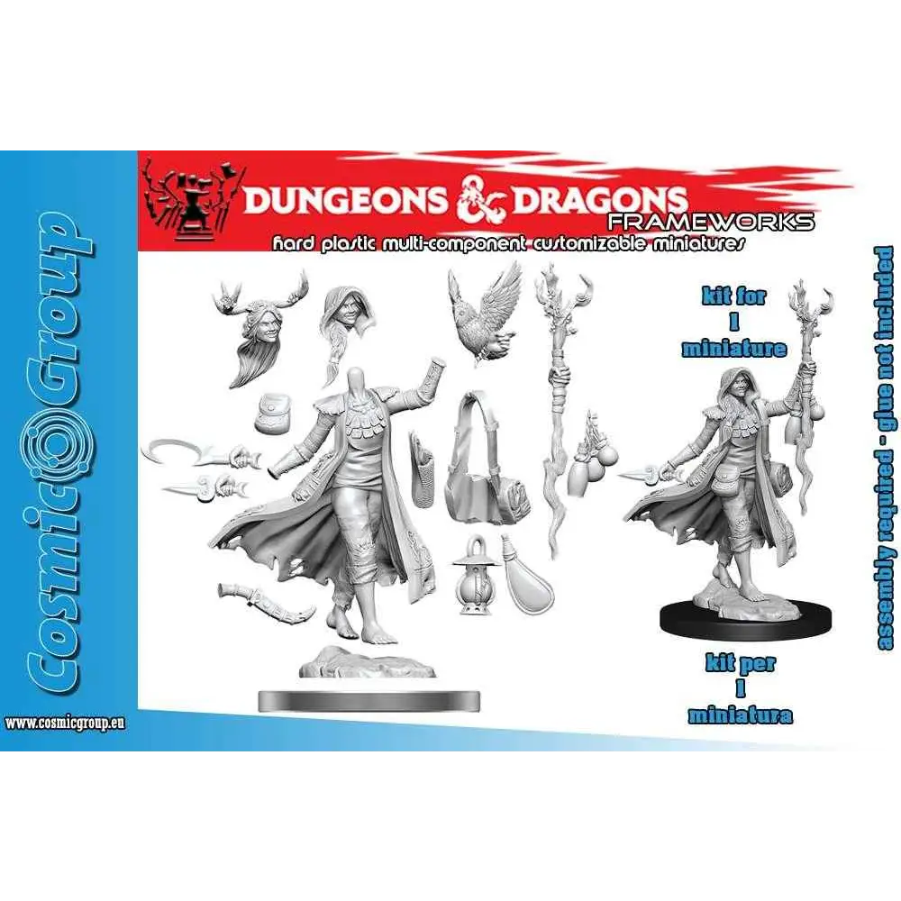 Grå plast D&D Frameworks-miniature: kvinnlig druid med vingar, stav och tillbehör