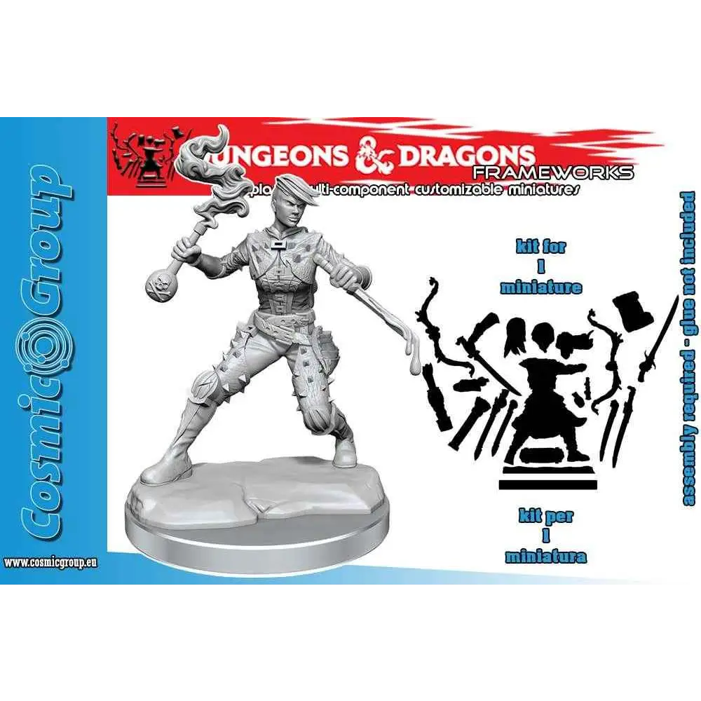 Grå resinminiatyr av kvinnlig D&D-rogue i detaljerad rustning med flammande mace och svärd