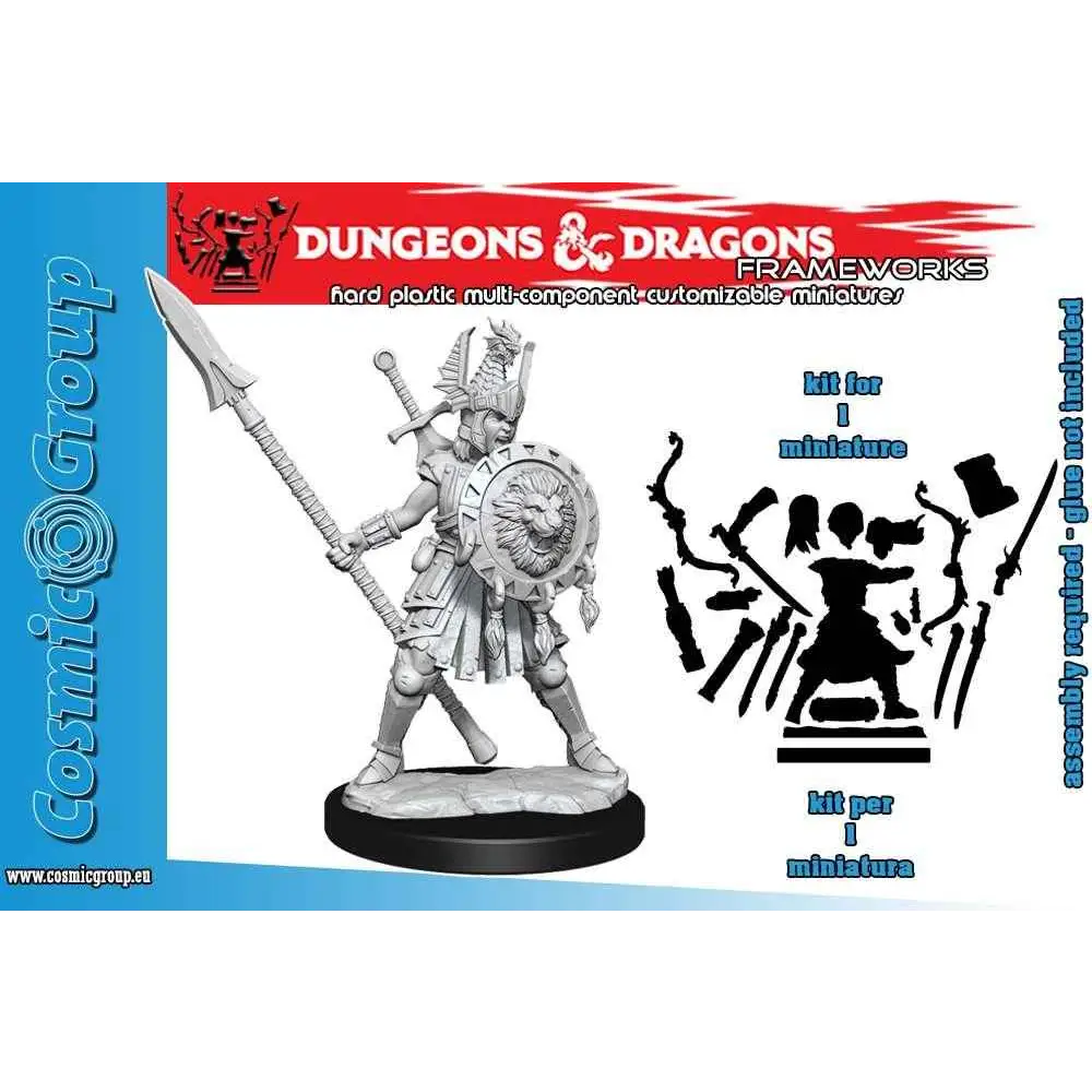 Grå plastminiatyr av kvinnlig mänsklig krigare i rustning med spjut och sköld