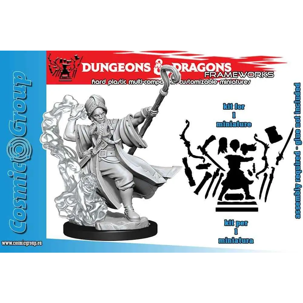 Grå plastminiatyr av trollkarl i flödande kläder med stav på svart bas med virvlande detaljer. D&D Frameworks