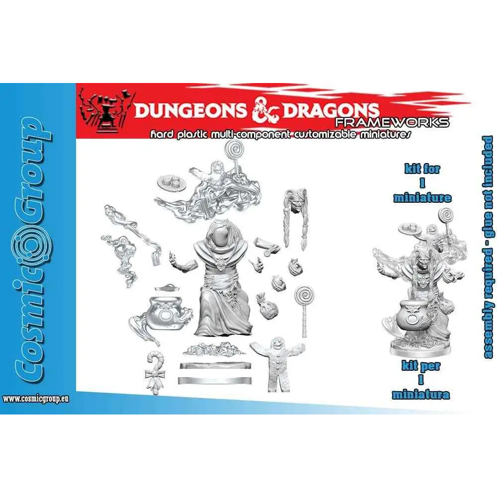 Grå hårdplastminiatyr för natt-häxa i D&D Frameworks med detaljerade, avtagbara delar