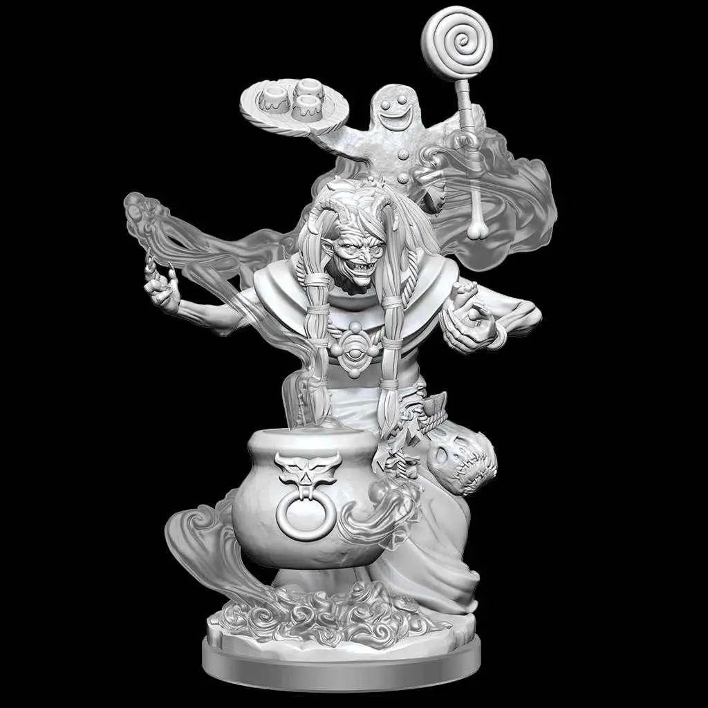 Vit resinmini av demonisk häxa med flätat hår, håller bricka och lolli vid ornamenterad kittel, D&D Frameworks Night Hag