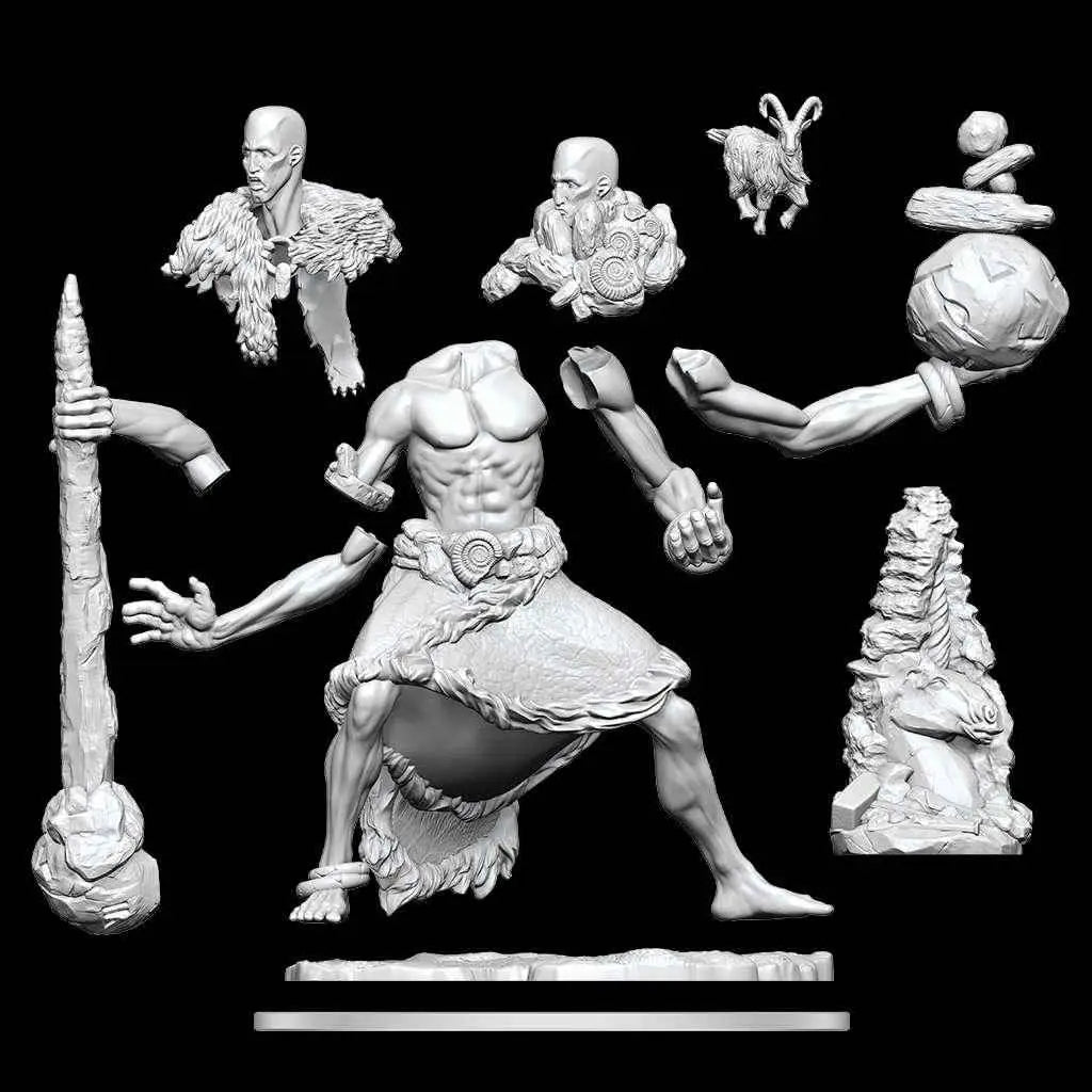 Vit resinfigur av muskulös skäggig krigare i D&D Frameworks Stone Giant Miniature