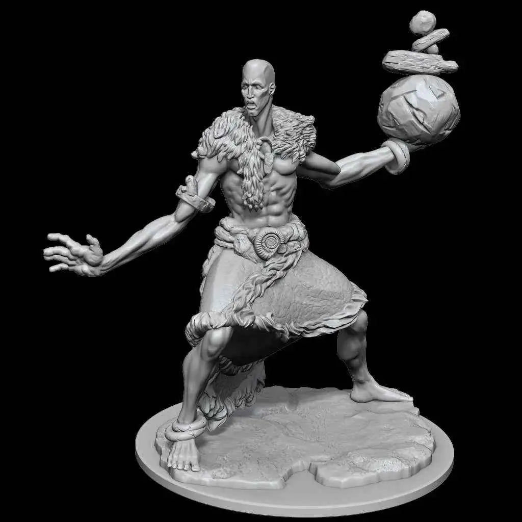 Grå resinfigur av muskulös, skallig krigare i tribaldräkt med staplade stenar, D&D Frameworks Stone Giant Miniature