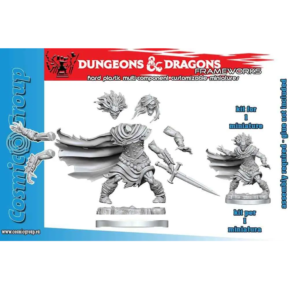 Grå hårdplast D&D Frameworks-miniatyr med detaljerad krigare i rustning, mantel och svärd