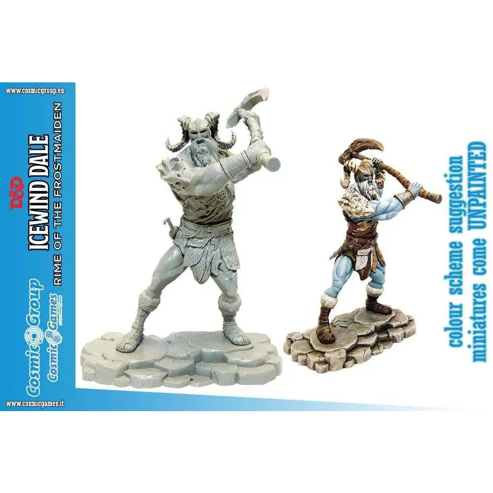 Ommålad plastminiatyr av hornad skäggig krigare med yxa och sköld från D&D Icewind Dale Frost Giant Ravager