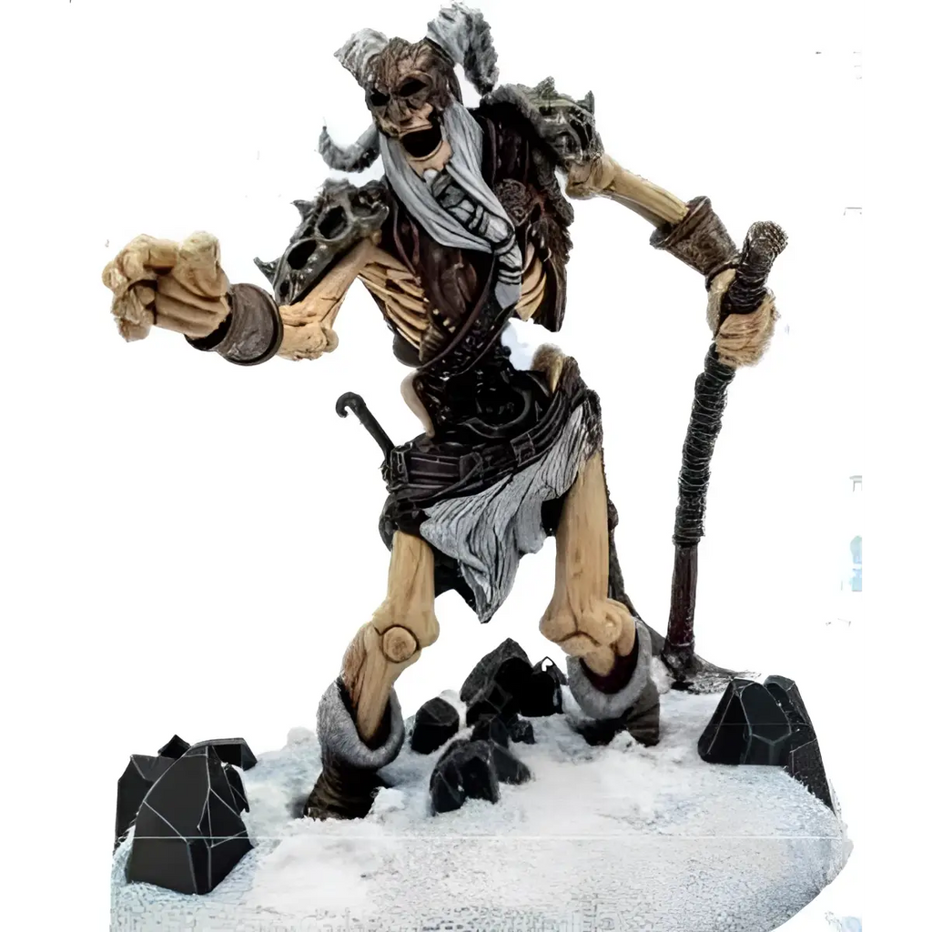 Detaljerad målad miniatyr av hornad skelettkrigare i rustning från D&D Icewind Dale Frost Giant Skeleton