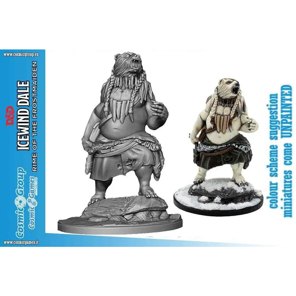 Omålad resinfigur av björnlika Oyaminartok från Icewind Dale D&D, med flätat hår och stamprydnader på stenbas