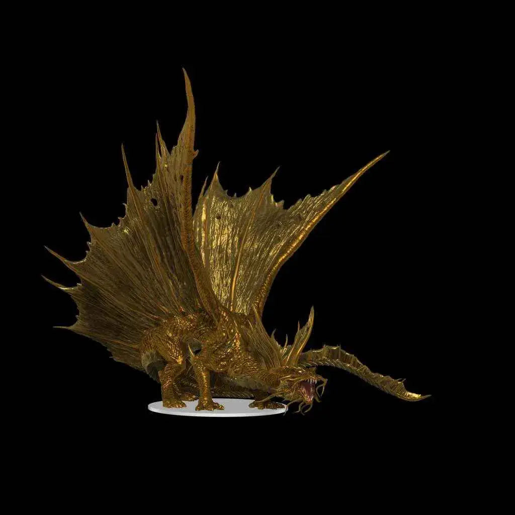Guld, detaljerad drakefigur med texturerade fjäll och taggiga vingar från D&D Icons of the Realms