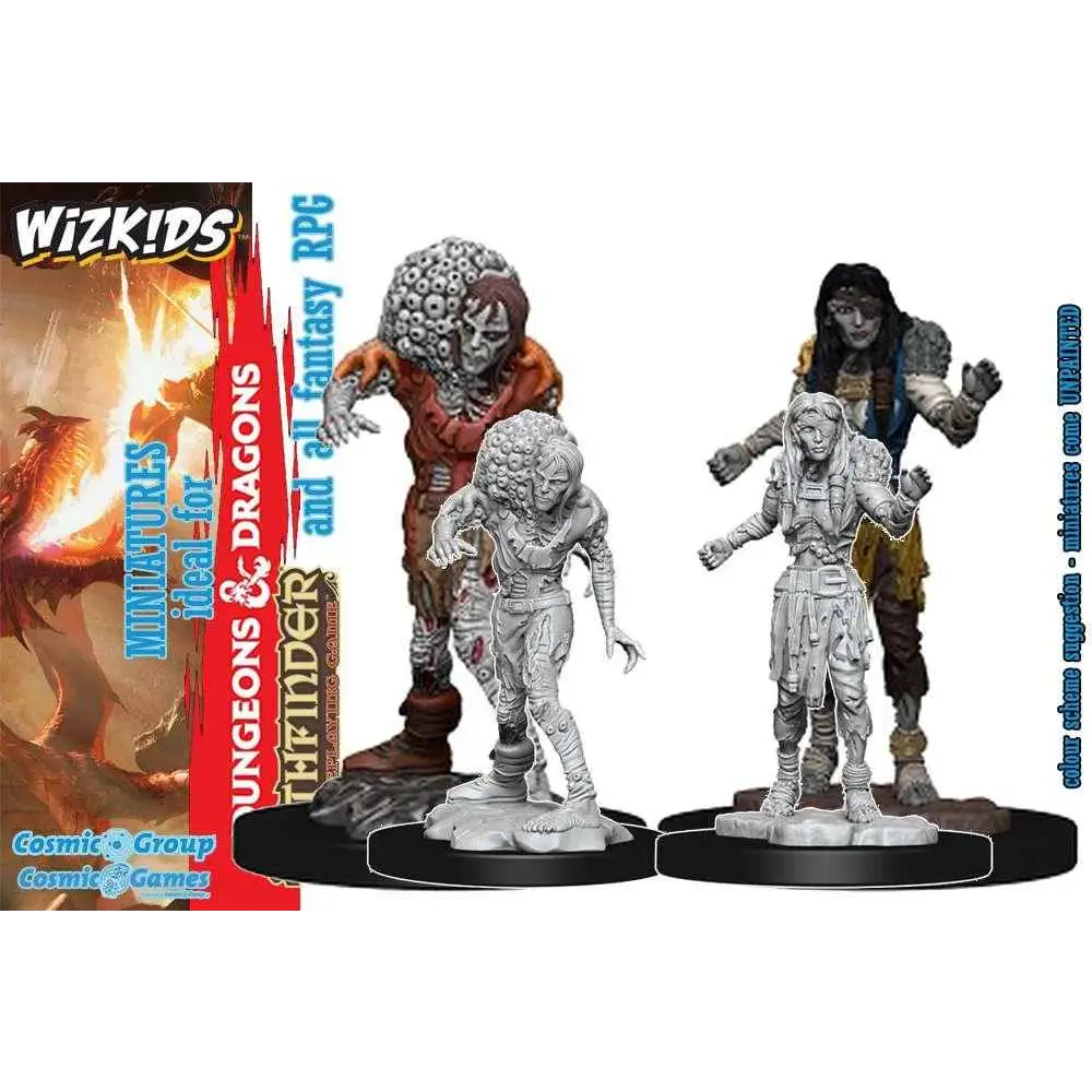 Grå, omålade D&D Nolzurs fantastiska miniatyrer: drunknad mördare och asket på svarta baser