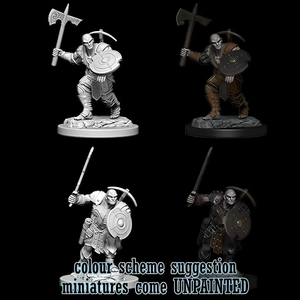 Ommålad miniatyrfigur av manlig earth genasi-krigare med yxa och sköld i fyra poser från D&D Nolzurs Marvelous Miniatures
