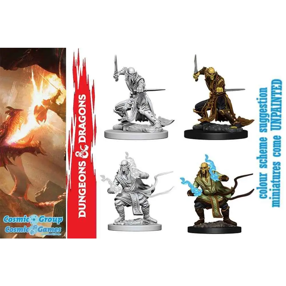 Ommålade D&D Githzerai-miniatyrer i silver, guld och brons