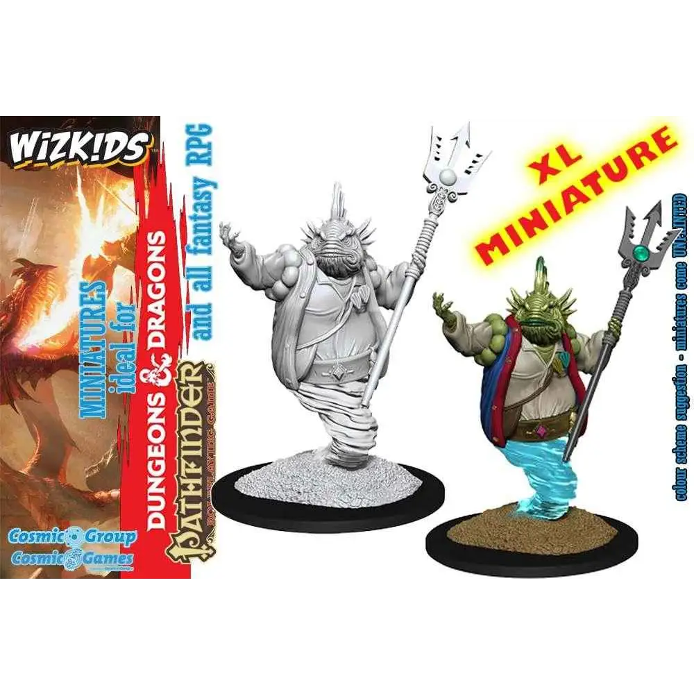 Två omålade och en målad Wizkids Pathfinder RPG-figur på cirkulär bas från D&D Nolzurs Marvelous Miniatures: Marid