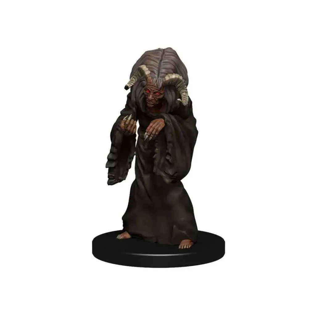 Detaljerad miniatyrfigur av grotesk hornad varelse i mörk mantel med röda ögon och klohander från D&D Nolzurs Marvelous Miniatures: Night Hag & Dusk Hag
