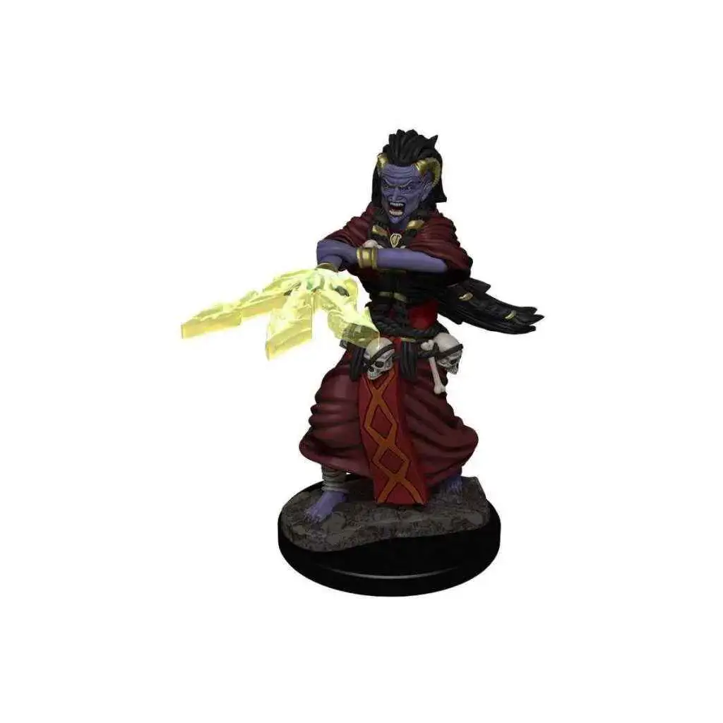 Lila hud fantasyfigur i röd och gul mantel med glödande gul vapen, D&D Nolzurs miniatyr: natt häxa och skymnings häxa