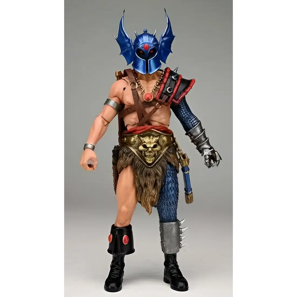 Blå metallhjälmd Warduke actionfigur med detaljerad rustning och tribal-kläder
