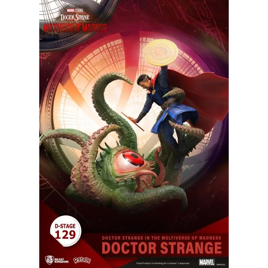 Doctor Strange i blå mantel med röd kappa flyter över grön tentakelfant