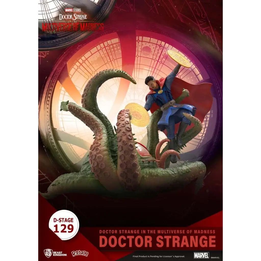 D-Stage Doctor Strange Multiverse Madness-diorama med blå kostym och röd mantel på grön bläckfiskvarelse