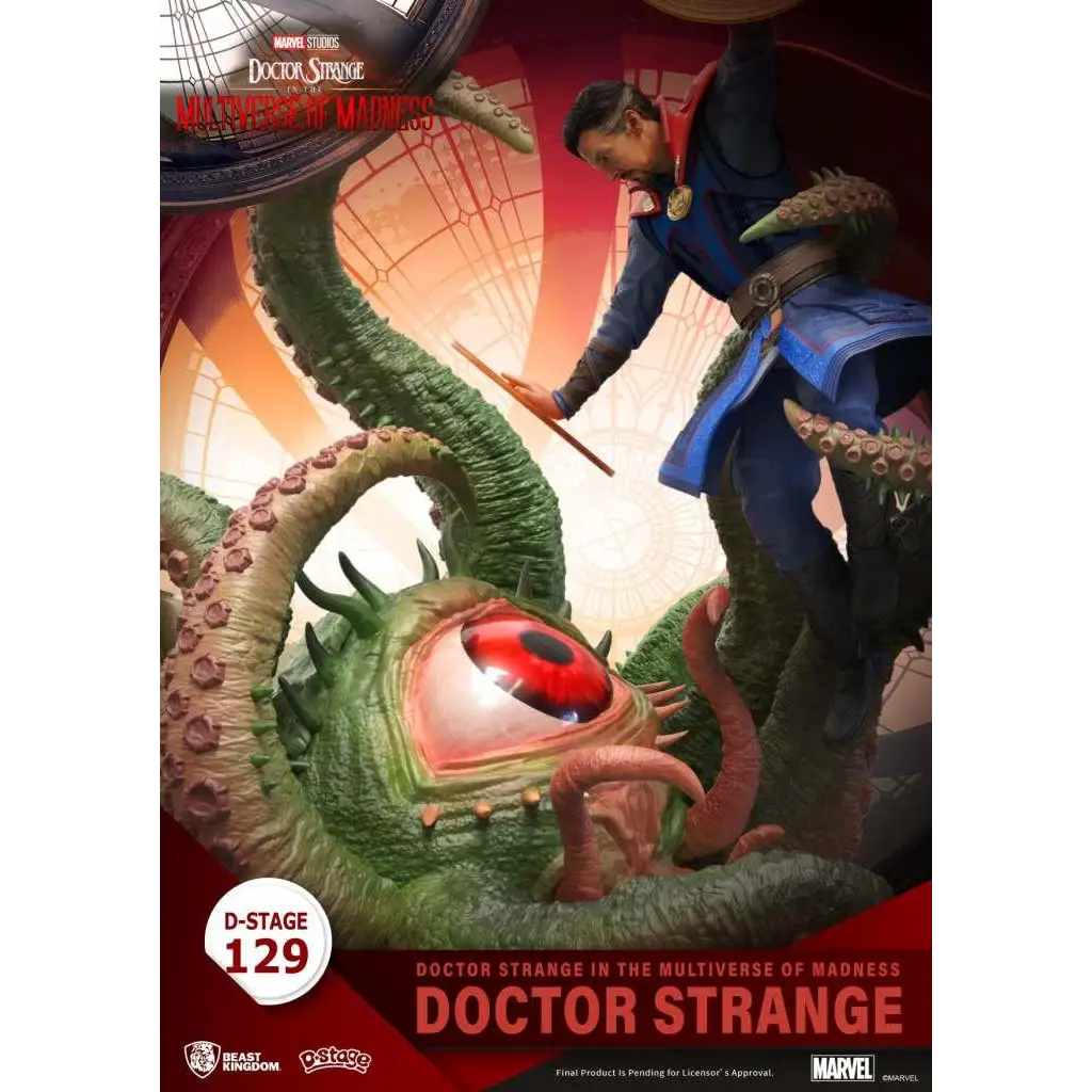 Doktor Strange-statyn i blå mantel med röd kapp mot grön, enögd monster i D-Stage Diorama