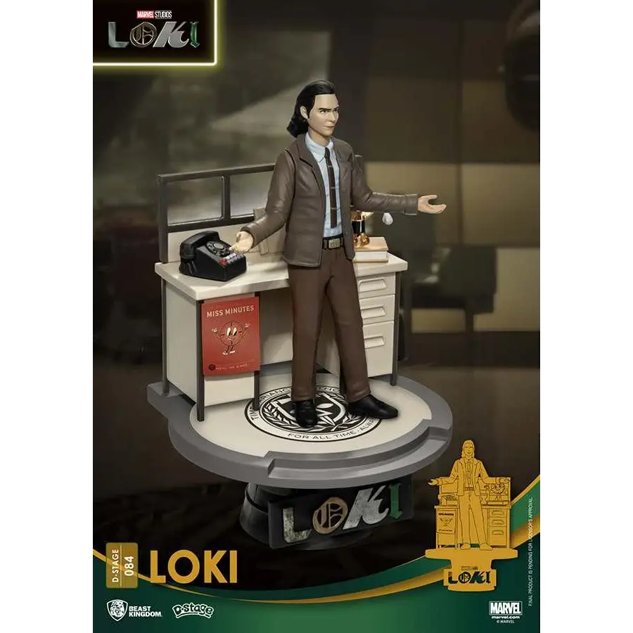 D-Stage Loki TV-diorama med brun läderjacka och byxor vid skrivbord med rotertelefon och bok