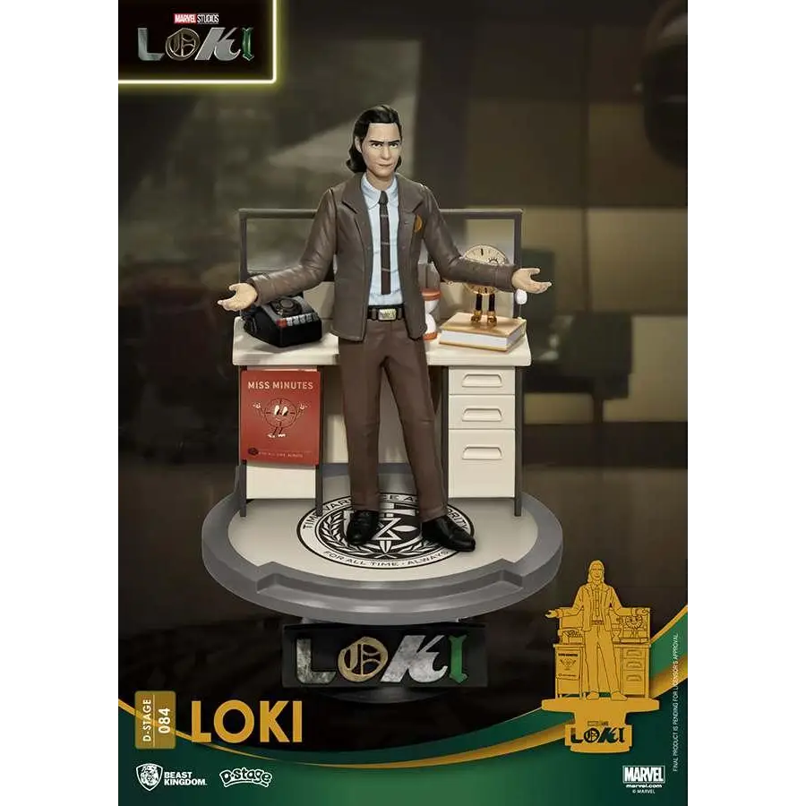 D-Stage Loki TV-diorama med brun lädersvitfigur vid skrivbord