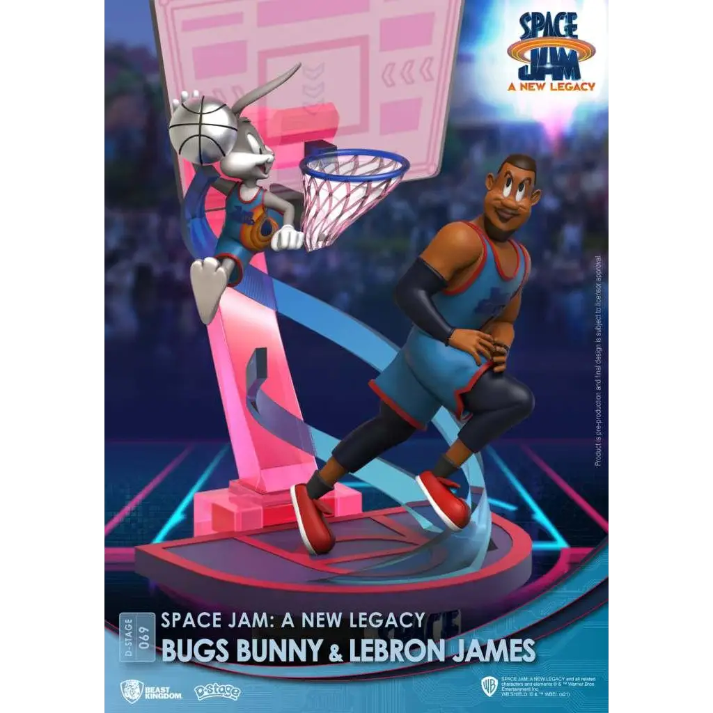 Dynamisk samlarstaty med Bugs Bunny och LeBron James i Space Jam: A New Legacy-dräkter på rosa-blå bas