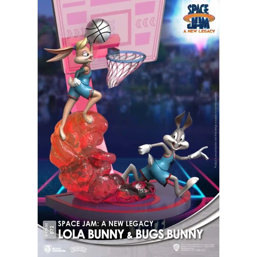 Lola Bunny och Bugs Bunny Space Jam-statett i teal uniform med boll vid korgen