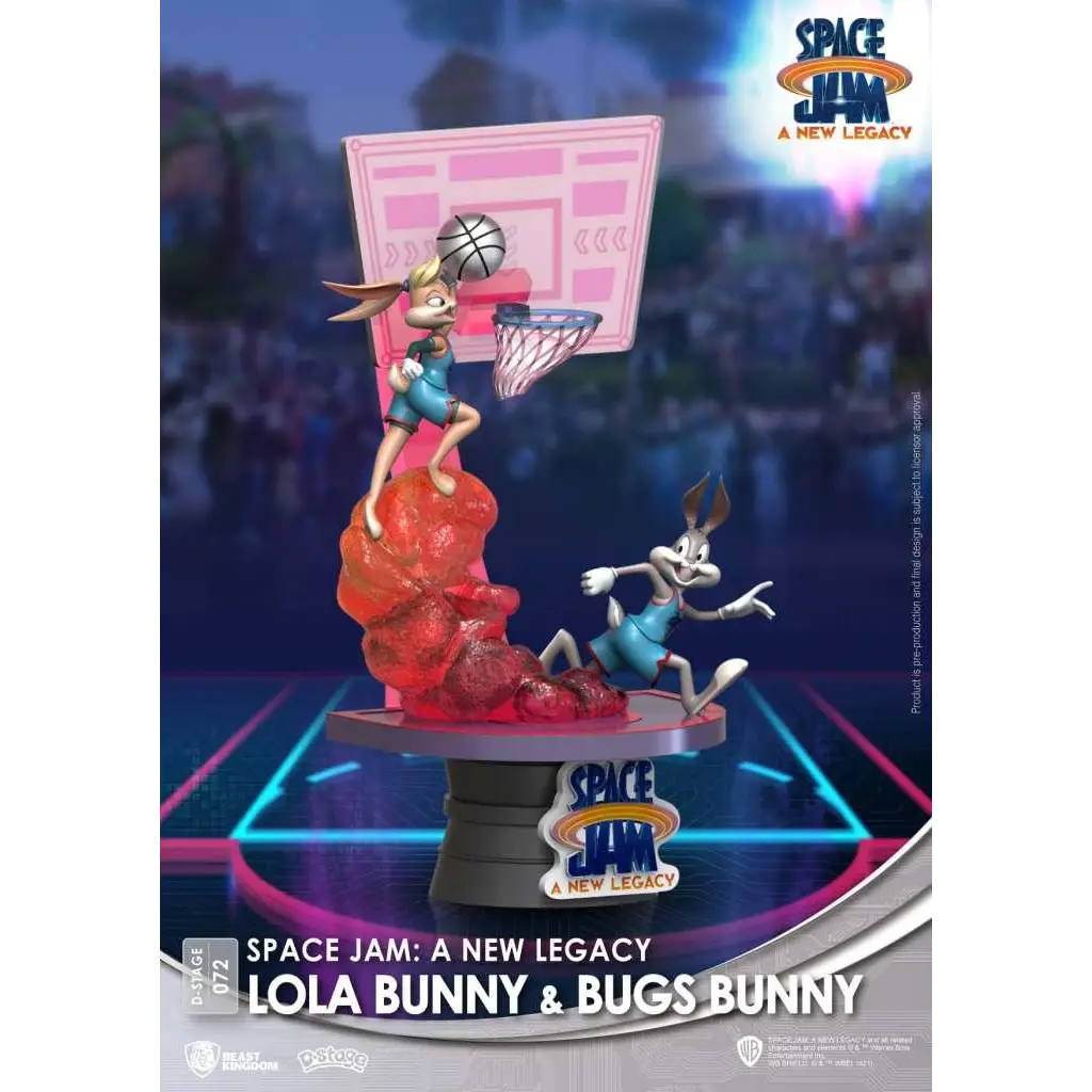 Lola Bunny och Bugs Bunny-statyer från Space Jam: A New Legacy i blå uniformer med röda-orange energiefekter