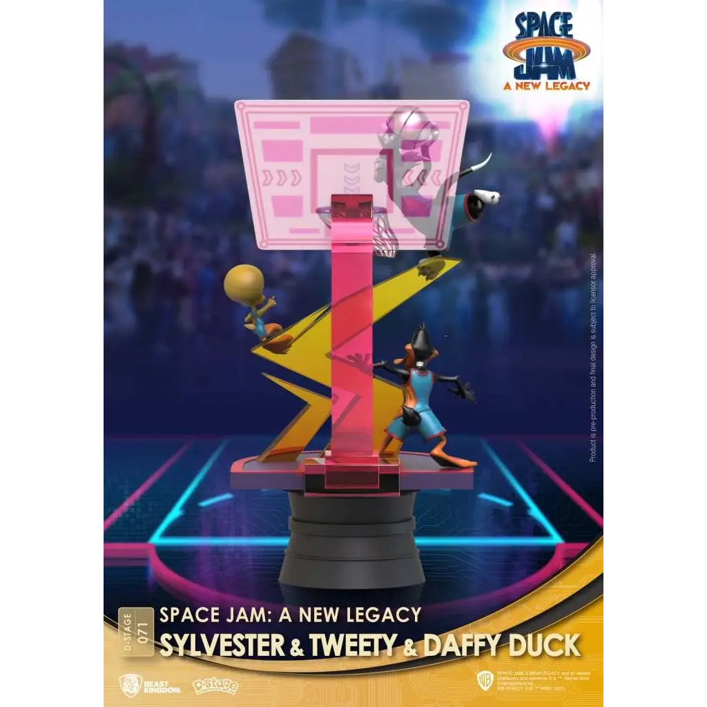 Vibrerande rosa och gul basketkorg med transparent röd bakbräda och animerade Space Jam 2-figurer i dynamiska poser