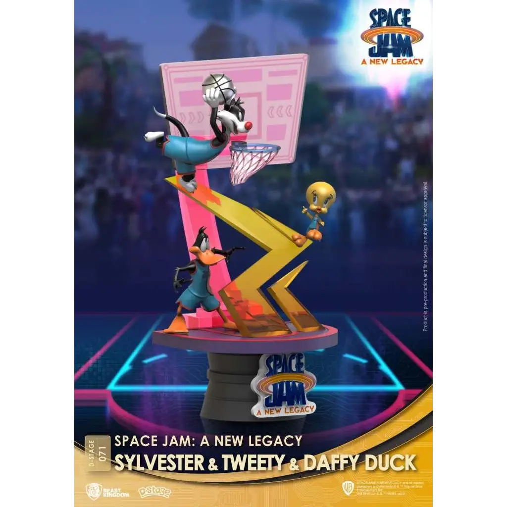 Dynamisk Space Jam 2-diorama med Sylvester som dunkar, Tweety på ramp och Daffy nedan