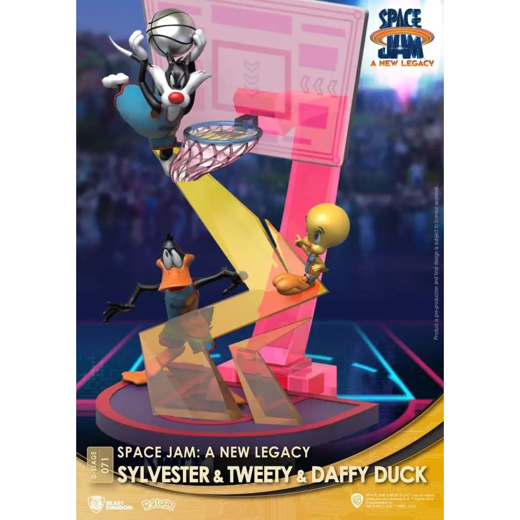 Dynamiska Space Jam 2-figurer av Sylvester, Tweety och Daffy i basketpose på arena