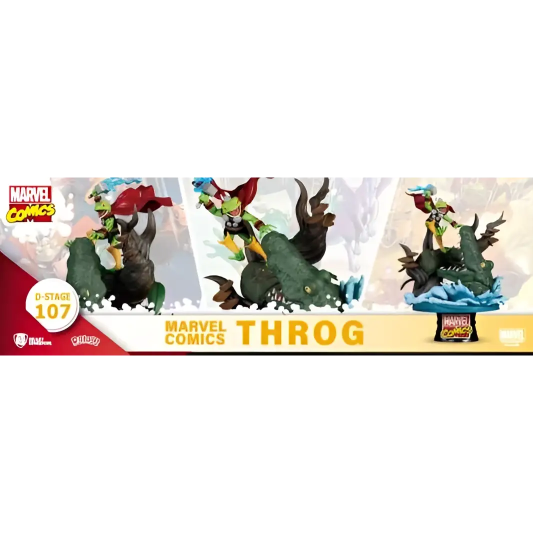 Throg Marvel-diorama från Beast Kingdom med grön figur på klippa