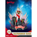 Röd och silver Ultraman Gaia-staty med gulddetaljer på stadssockel med rosa kristaller, D-Stage Beast Kingdom