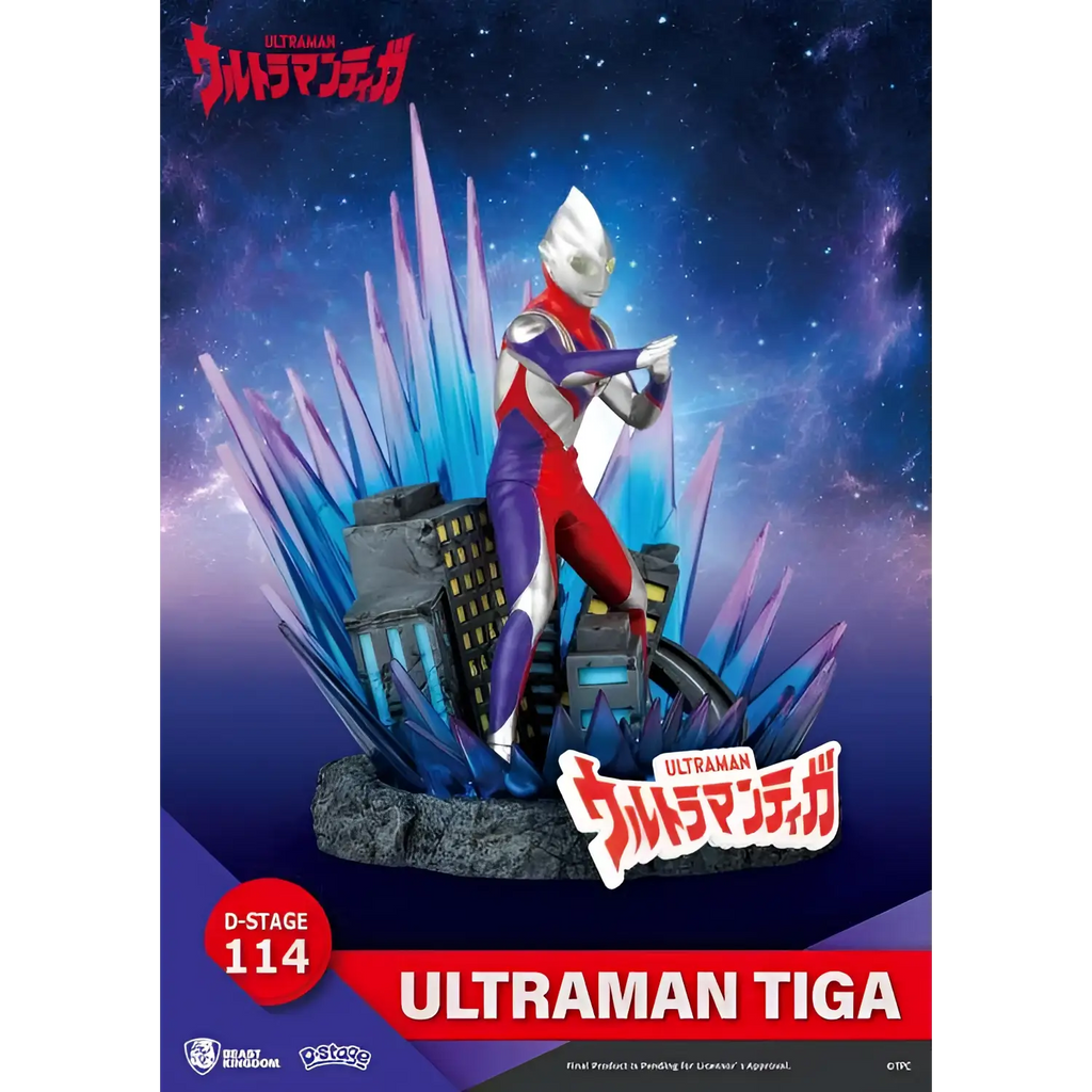 D-Stage Ultraman Tiga-figur i röd, lila och silver rustning på stadssilhuett med blå kristallspikar