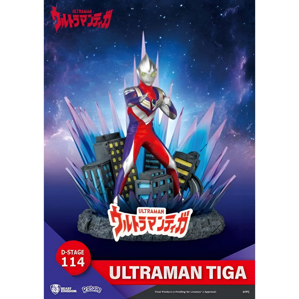 D-Stage Ultraman Tiga-figur i röd, blå och silverdräkt med gröna lysande ögon på stadsscen med lila kristallspikar