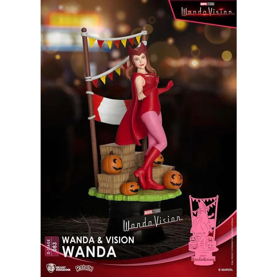 Röd och rosa Wanda Maximoff-statyett från Marvel Studios WandaVision med flagstång, pumpor och höbal