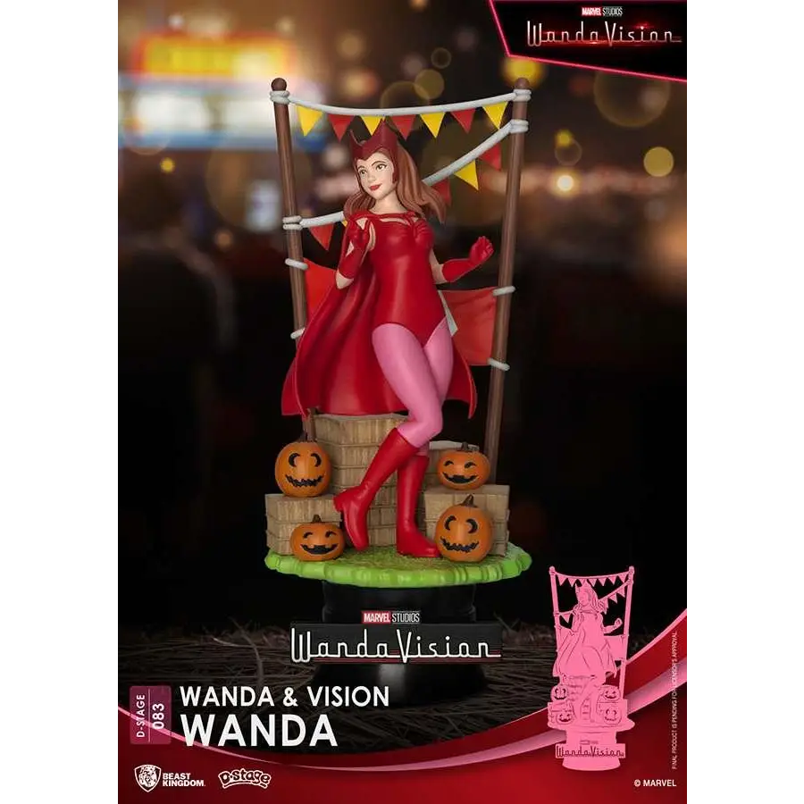 Halloween-tematiserad Wanda Maximoff-statyett i rött och rosa med pumpa-dekorationer, D-Stage WandaVision-diorama
