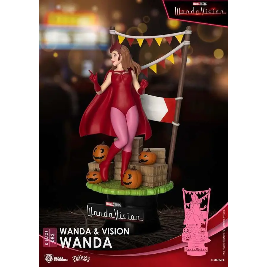 Röd och rosa Wanda Maximoff-statyett från Marvels WandaVision med mantel, på sockel med pumpaomgivning
