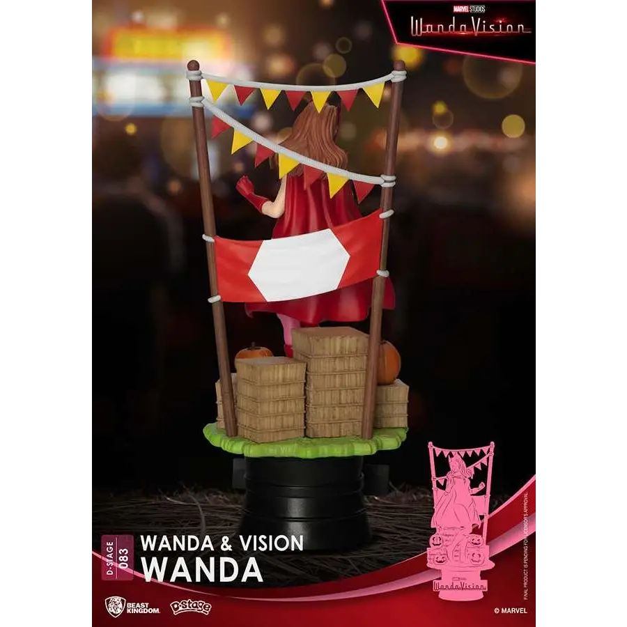 Diorama av Wanda Maximoff från WandaVision på höbaljor med röd mantel