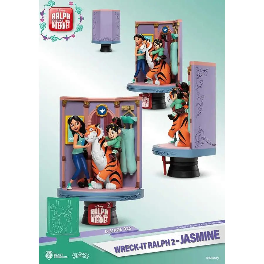 Lila och blå miniatyrdiorama med Jasmine, Vanellope von Schweetz och tiger från Disneys Wreck-It Ralph 2 på utsmyckad bas